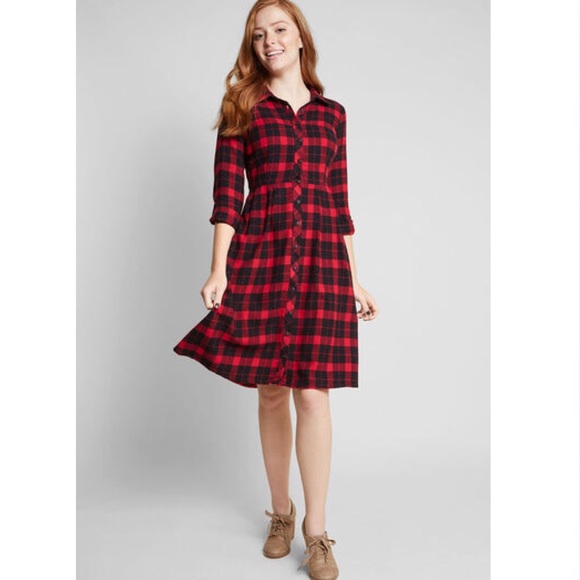 Modcloth Dresses & Skirts - CCO NWOT ModCloth Red Black Flannel Shirt Dress